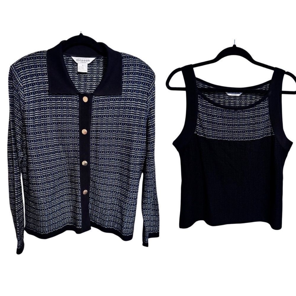 MISOOK- 2 Piece Matching Tank Sweater Set Black Blue Metallic, Size L Petite